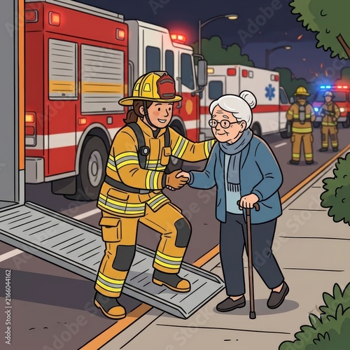 Firefighter helping elderly woman into ambulance