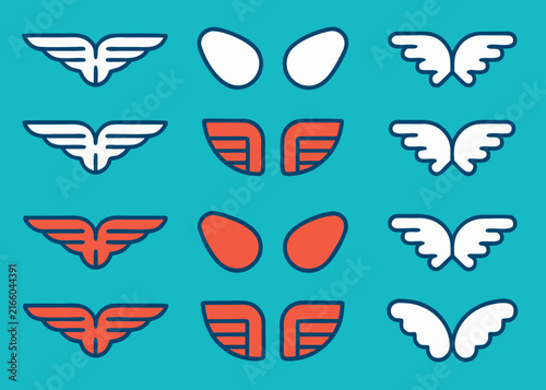 Twelve pairs of wings with different feather styles and silhouettes are organized in rows over a solid turquoise colored surface.