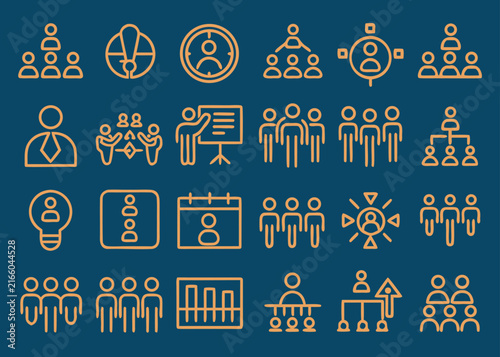 A set of twenty-four tan line icons on a dark blue background displays various business concepts like target users and organizational hierarchies.