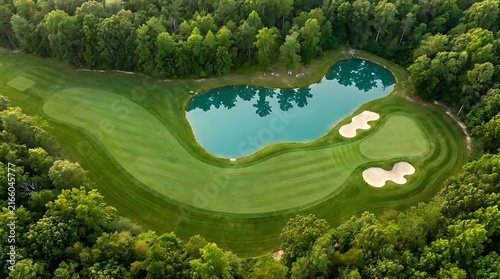 Breathtaking aerial view of a meticulously manicured golf course nestled within a vibrant green forest, featuring a serene blue lake and challenging sand traps under clear skies
