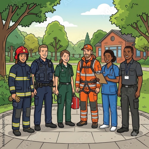 Group of diverse emergency service workers standing together