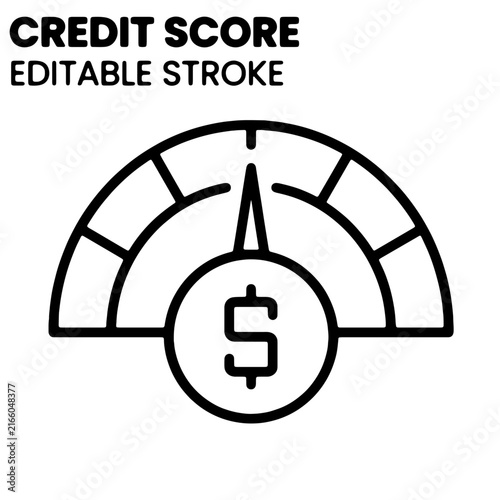 Credit Score Gauge Icon with Dollar Symbol and Editable Stroke for Financial Rating Design