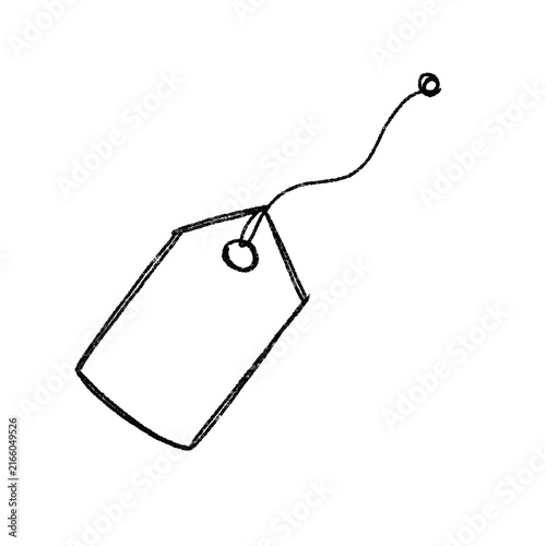 Hand-drawn blank price tag with string loop, monochrome sketch style.