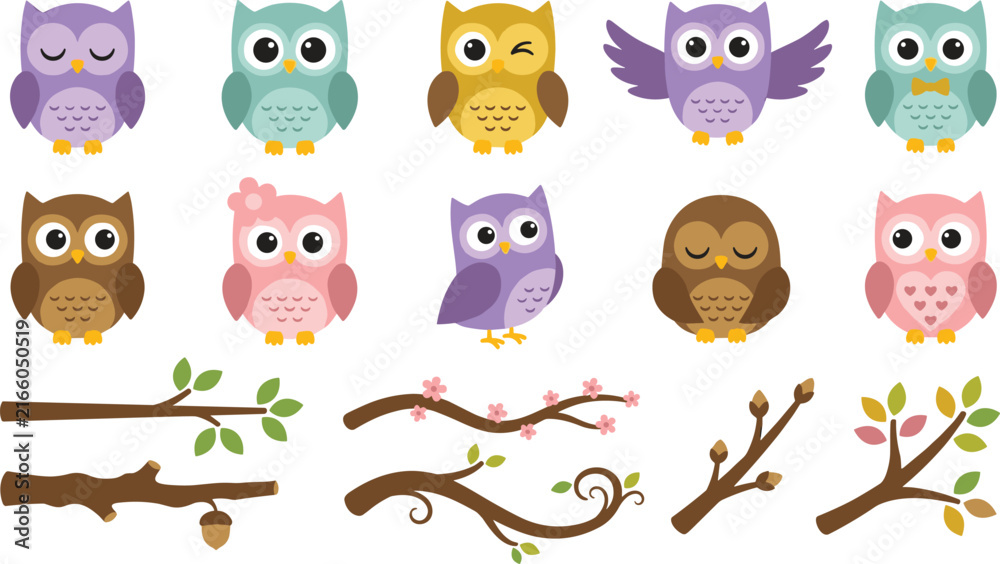 Obraz premium Cute Colorful Owl Clipart Vector Set Featuring Cartoon Bird Characters and Seasonal Tree Branches with Flowers and Leaves for Nursery, Birthday, and Baby Shower Designs