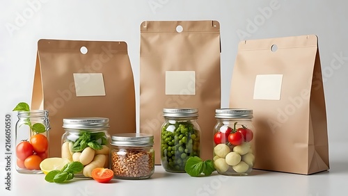 Organic Kraft Paper Bags And Glass Jars With Fresh Food And Spices On White Background