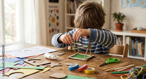Young boy assembling wooden stick model at craft desk, colorful materials and creative school project supplies.