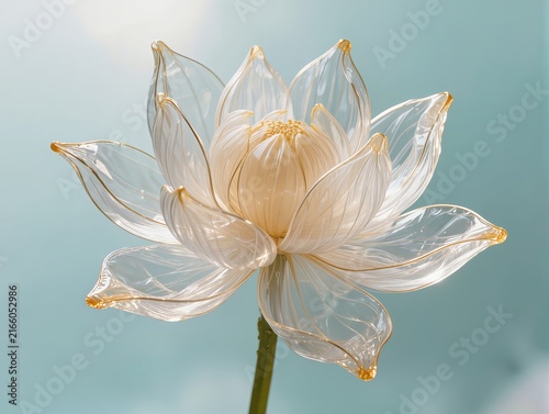An elegant lotus flower recreated as a transparent inflatable plastic sculpture, layered translucent petals gently opening upward, intricate folds and glossy edges
