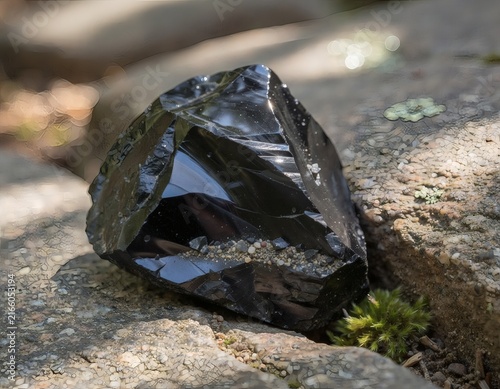 Obsidian Stone Displaying Sharp Facets and Glassy Texture Nestled Between Rock Surfaces