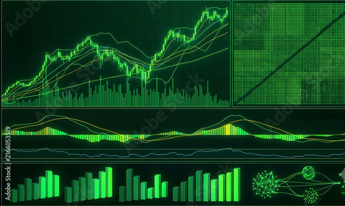Green Glowing Stock Market Trading Screen Numbers Charts Bull Market Concept