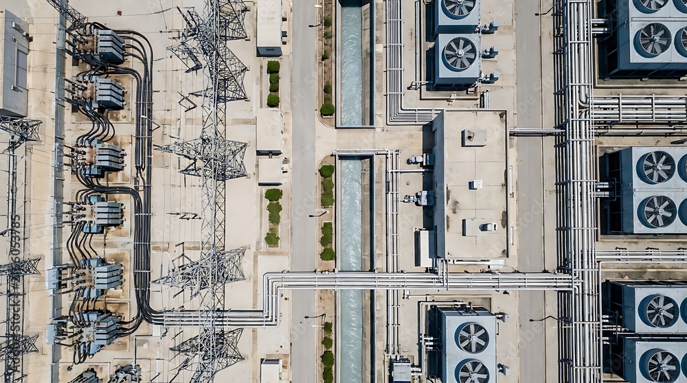 Naklejka premium Aerial view of a sprawling industrial power complex with extensive electrical substations, towering transmission lines, and large cooling units, essential for modern energy infrastructure