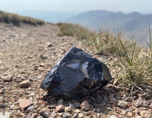 Obsidian Stone with Sharp Angular Form Standing Out on Gravelly Mountain Ground with Grass and Peaks Beyond