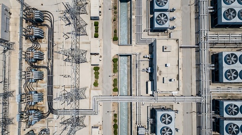 Aerial view of a sprawling industrial power complex with extensive electrical substations, towering transmission lines, and large cooling units, essential for modern energy infrastructure