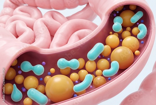 3d illustration of human gut microbiome with bacteria and nutrients inside the intestine