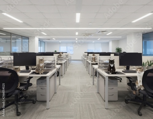 Cats Sitting at Every Desk in Open Plan Office Looking at Camera, Symbolizing Workplace and Teamwork with Humor