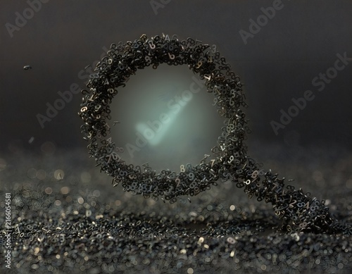 Countless Numeral-Shaped Particles Swirling and Forming a Magnifying Glass Shape, Symbolizing Data Analysis and Business Insight