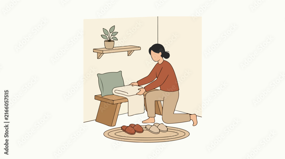 Fototapeta premium A woman organizes her peaceful hallway by neatly folding soft blankets onto a wooden entryway bench while wearing comfortable indoor slippers beside a hanging shelf holding a potted houseplant