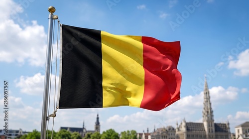 Belgium flag waving against a clear blue sky with European city architecture in background