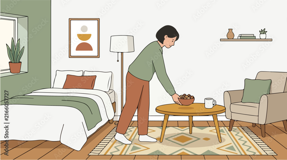 Fototapeta premium A woman carefully places a small wooden bowl onto a coffee table inside her cozy bedroom filled with comfortable furniture and warm earthy decor elements creating a peaceful domestic atmosphere