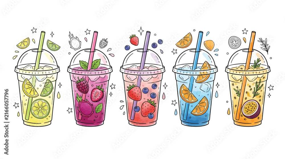 Obraz premium Iced Fruit Soda Drinks Collection Set Vector Illustration Takeaway Cups