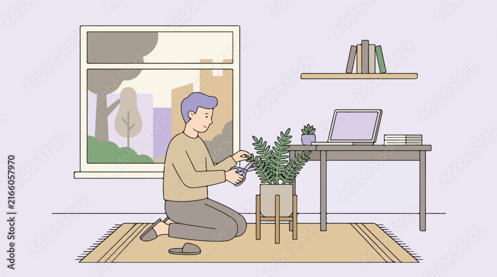 Fototapeta premium A young person kneeling on a cozy carpet inside a peaceful room happily trims green fern leaves using small gardening shears beside a desk containing a computer and books near a sunny window