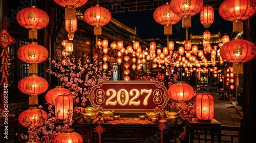 Vibrant Chinese New Year 2027 Celebration with Red Lanterns and Festive Decorations.