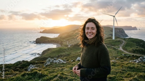 Woman Smiling on Coastal Hilltop with Wind Turbine at Sunset.