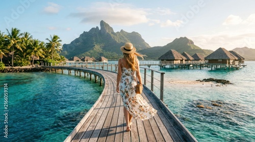 Woman Walking on Wooden Pier to Overwater Bungalows in Bora Bora.