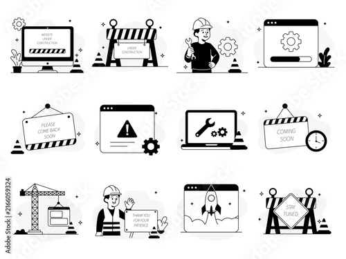 Website Under Construction Flat Vector Illustration Set