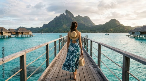 Woman Walking on Wooden Pier Towards Overwater Bungalows and Mountains in Bora Bora.