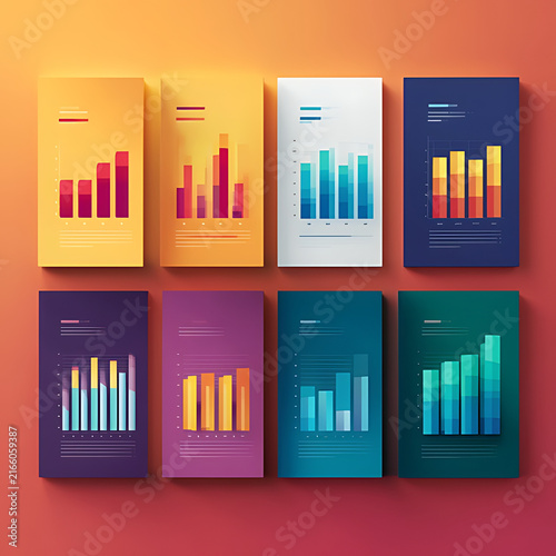 Colorful bar graphs displayed on rectangular cards against an orange backdrop