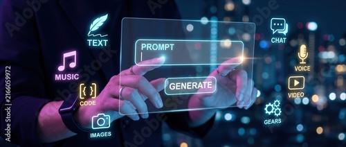 Innovative technology concept person interacting with futuristic digital interface displaying communication and media icons against a night city background