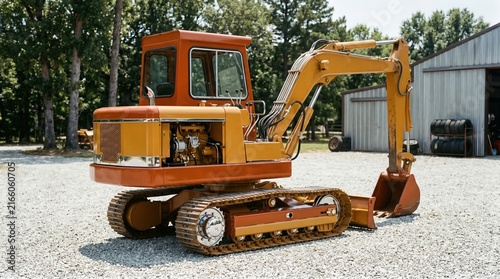 Vintage crawler excavator, old mini digger, retro construction machinery, yellow orange excavator, gravel yard, metal barn, forest background, classic heavy equipment, industrial vehicle, outdoor mach