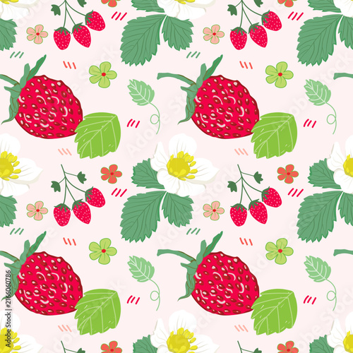 Hand-illustrated strawberry pattern with scarlet berries, green leaves, yellow flowers, orange blossoms, curling stems, and delicate botanical details on a pale background
