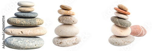 Photography Three stacks of balanced stones isolated on a white background