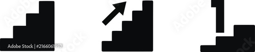 Set of black silhouette icons representing stairs with an arrow showing upward direction and a broken stair design