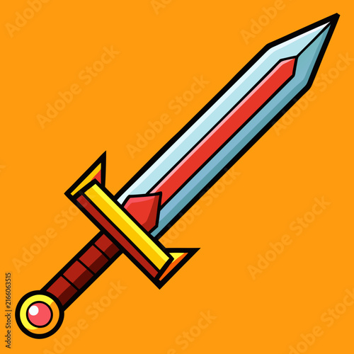 Vibrant cartoon sword illustration featuring a heroic weapon with red and yellow accents