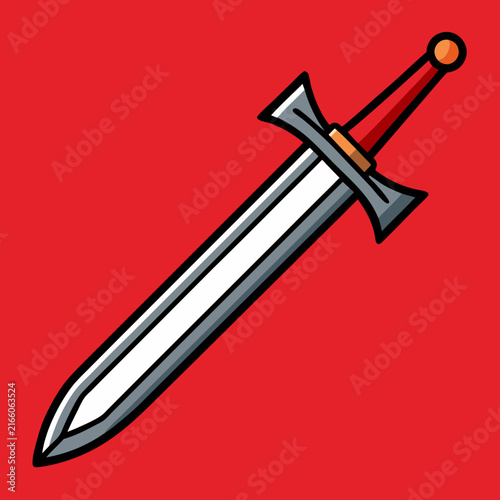 A cartoonish silver sword with a red hilt, symbolizing medieval weaponry and adventure