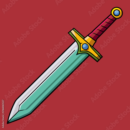 A vibrant cartoon style magical sword with a blue blade and golden hilt