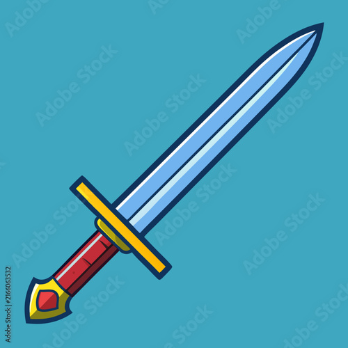 A shiny cartoon sword with a blue blade and red hilt on a teal background