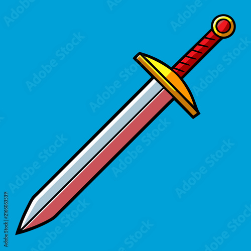 Cartoon style sword with a gleaming blade and vibrant red hilt against a bright blue background