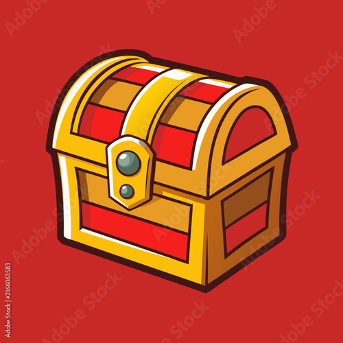 A vibrant cartoon treasure chest illustration featuring a classic design on a bold red background
