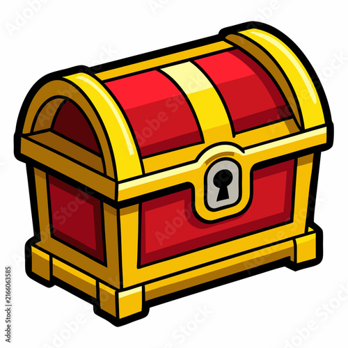 Classic cartoon red and gold treasure chest with a prominent keyhole, perfect for game assets