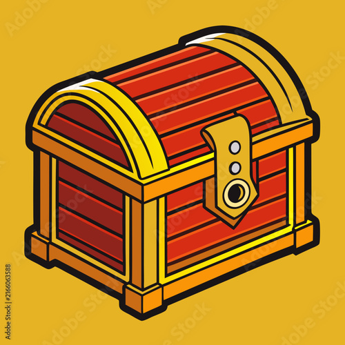 A classic wooden treasure chest with golden accents and a simple latch, rendered in a cartoon style