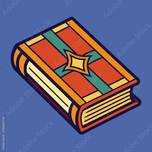 A vibrant closed book with a unique geometric pattern on its cover
