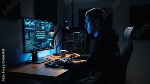 Young man sitting in a dark room monitoring computer screens displaying network security data and threat detection alerts, representing cybersecurity, hacking, programming