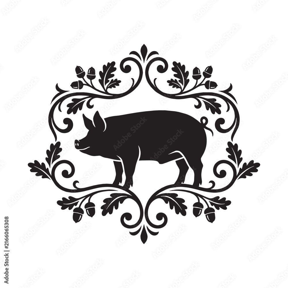 Obraz premium Victorian ornamental pig silhouette with flourish filigree and scrollwork frame featuring oak leaves and acorns on a white background.
