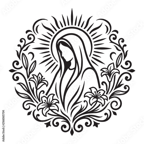 Victorian Virgin Mary Religious Icon with Flourish Filigree Scrollwork and Ornamental Lily Design