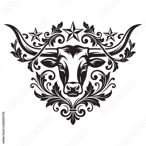 Victorian Style Longhorn Bull Head Illustration with Ornamental Flourish Filigree and Scrollwork