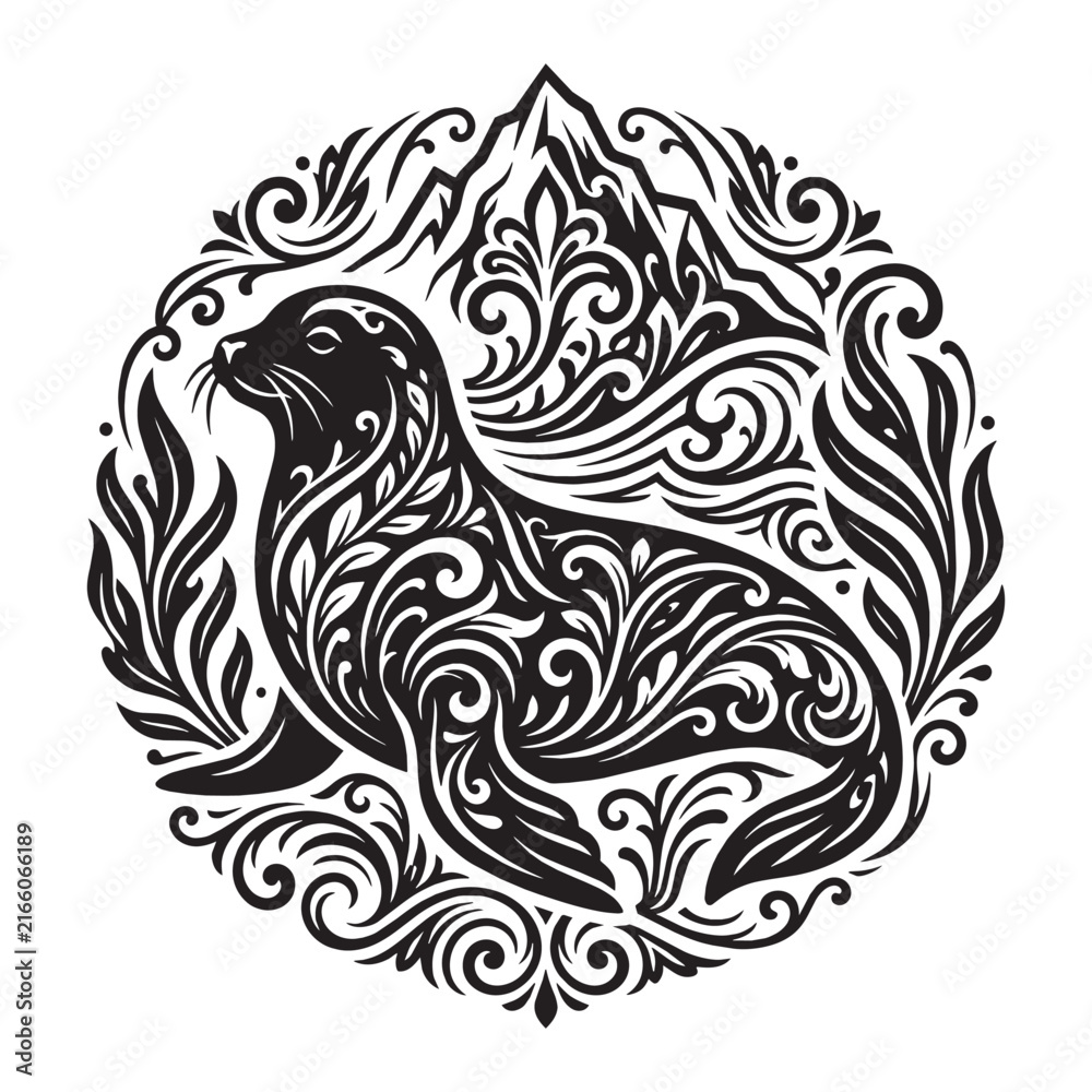 Obraz premium Victorian Style Ornamental Seal Illustration with Intricate Filigree and Flourish Scrollwork Patterns, Circular Nature Emblem featuring Mountain and Ocean Waves