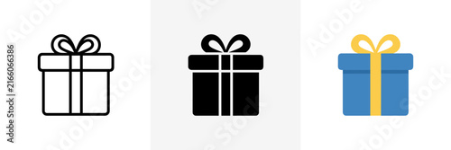 Set of gift box icons in line, solid and flat styles